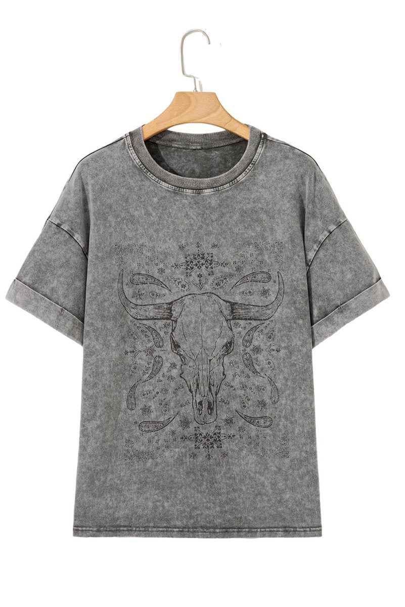 Light Grey Western Steer Head Tie Dye Print Crew Neck T Shirt - Love Salve